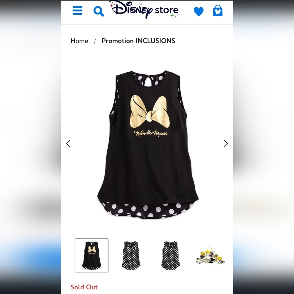 Disney Store Black and Gold Minnie Mouse Mixed MediacSleeveless Top
